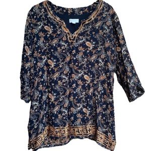 Magnolia Grace EC vibrant navy blue paisley boho print v-neck tunic Size XXL